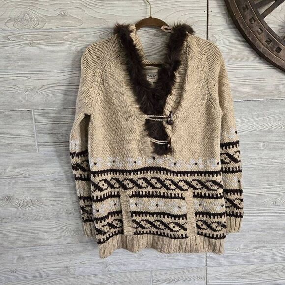 Kenji Handknit Wool Blend Hooded Fur Sweater Womens SZ L - Picture 1 of 7